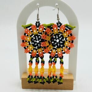 Mexican Huichol Sunflower Earrings Hand Beaded Maximalist Whimsical Nature